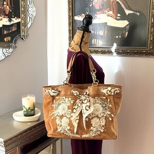 GUCCI POSITANO Leather Suede Tan Brown White Silver Gold Beaded Bag Rare Luxury